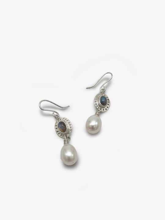 Spectrolite and Pearl Earrings